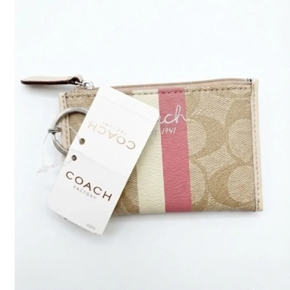 Coach Mini Skinny ID Case Khaki Pink Signature Monogram F43552 New With Tags